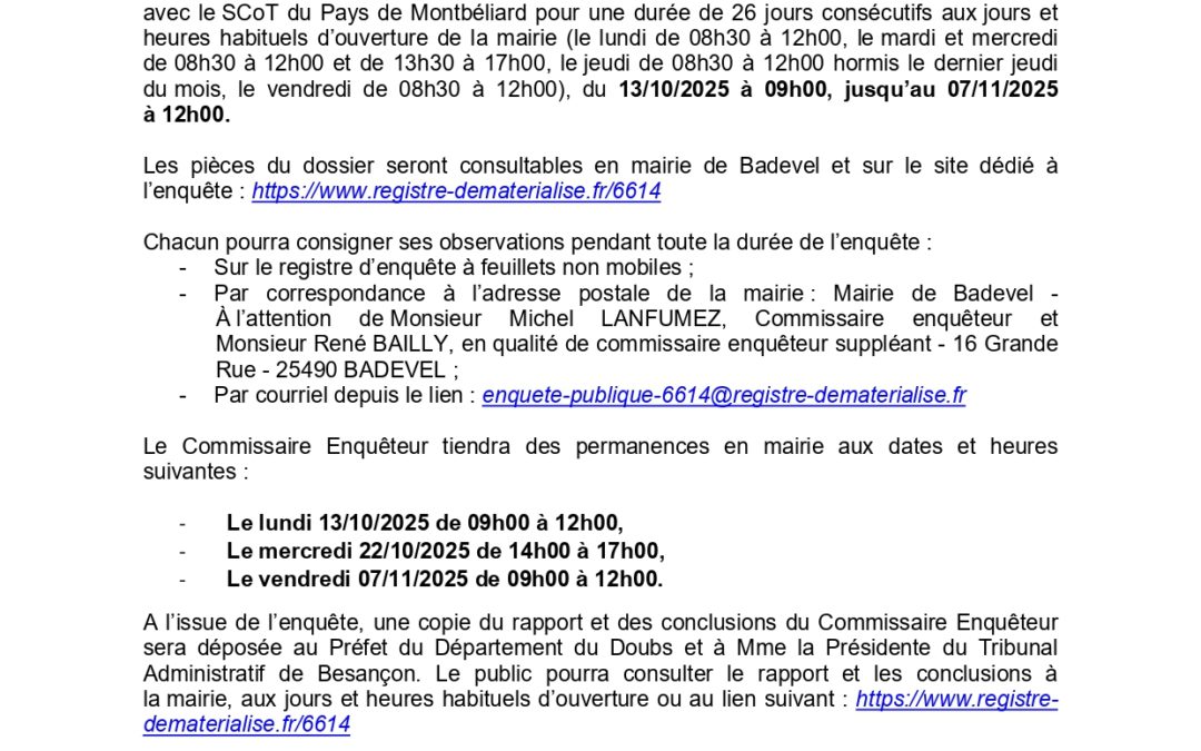 Avis enquête publique : Modification n°1 du PLU BADEVEL – Sept 2025