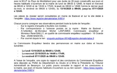 Avis enquête publique : Modification n°1 du PLU BADEVEL – Sept 2025